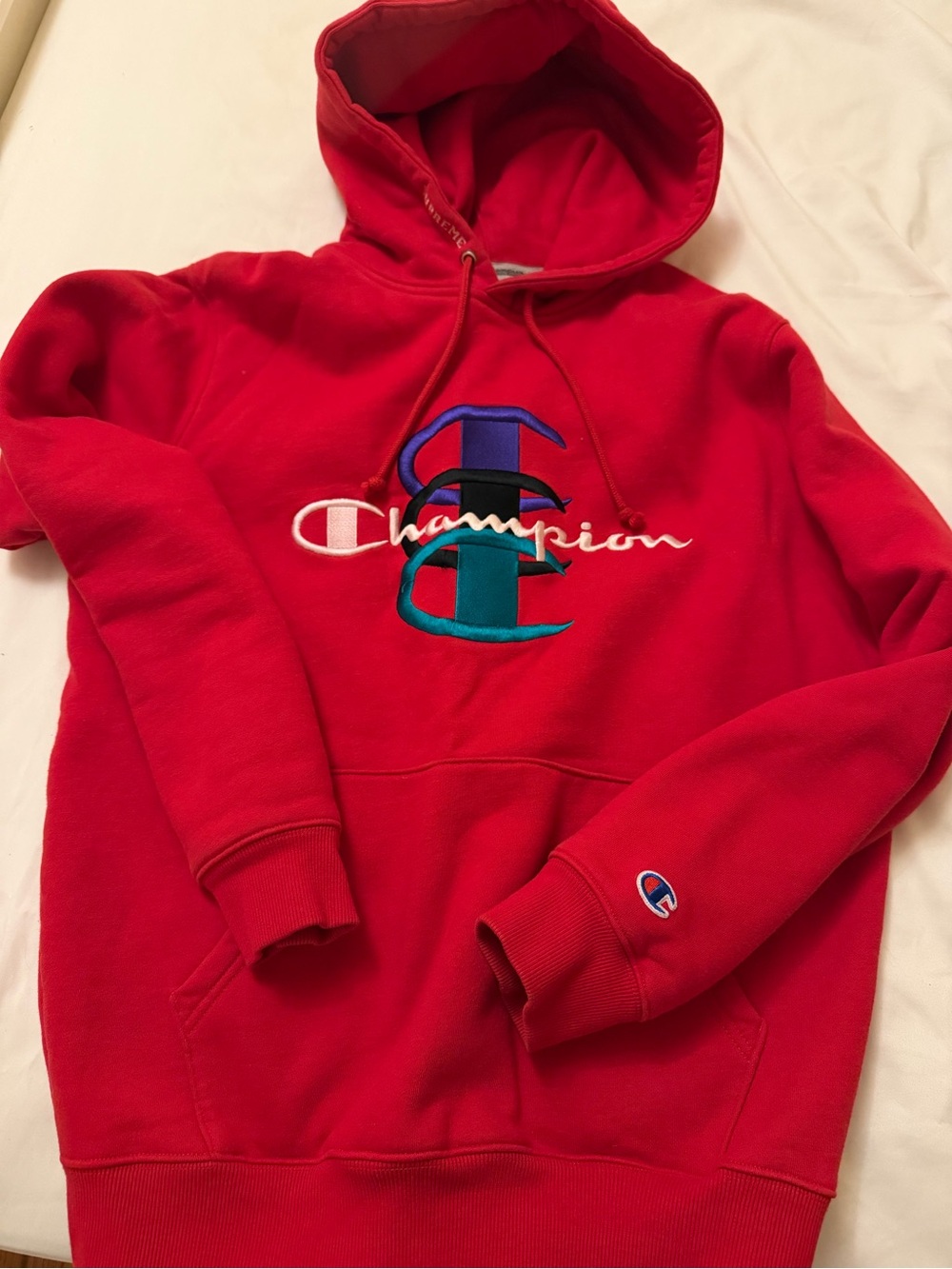 Supreme Red Hoodie with Blue Embroidered Logo